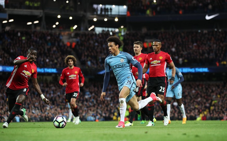 Leroy Sane of Manchester City and Eric Bailly of Manchester United ManU during the English Premier League match at The Etihad Stadium, Manchester. Picture date: April 27th, 2016. Photo credit should r ...