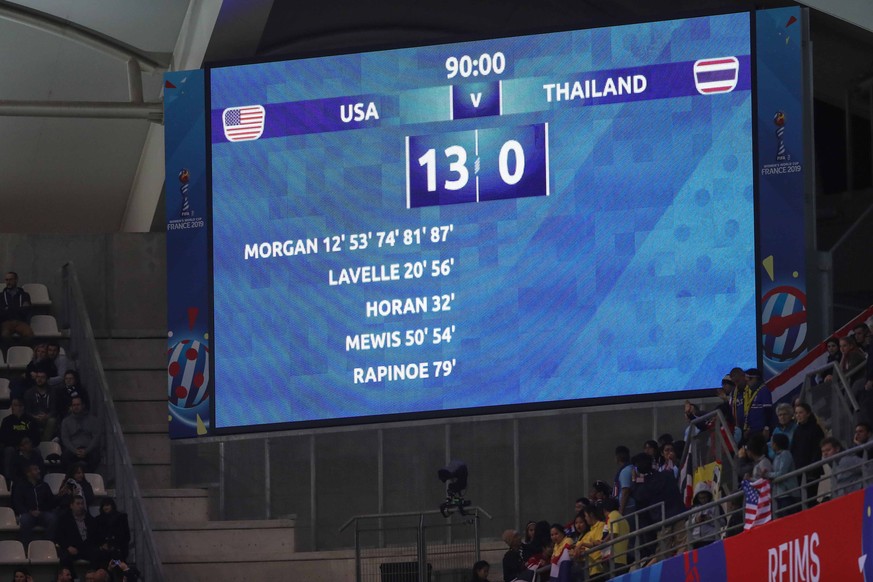 June 11, 2019: Reims, France: Scores show victory of 13 to 0 of the United States on the Thailand game valid for group F of the first phase of the World Cup of Women s Soccer in the Stadium Auguste-De ...
