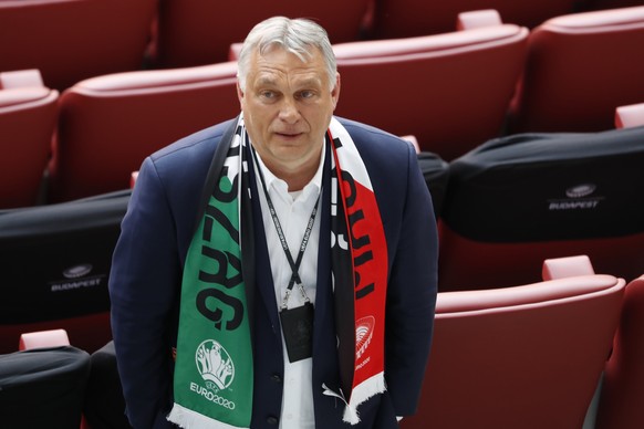FILE - In this Tuesday, June 15, 2021 file photo Hungary&#039;s Prime Minister Viktor Orban attends the Euro 2020 soccer championship group F match between Hungary and Portugal at the Ferenc Puskas st ...