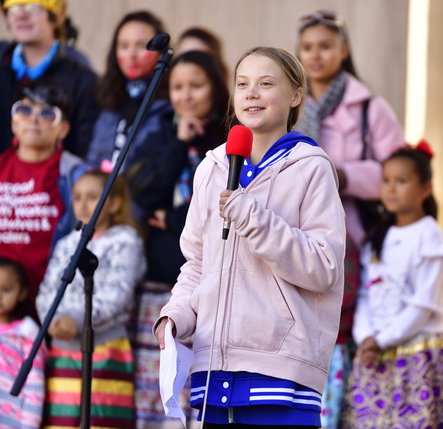 October 11, 2019, Denver, Colorado, USA: Environmental activist GRETA THUNBERG of Sweden speaks a Fridays for Future environmental protest at the Denver Civic Center. Thunberg gained notoriety after s ...