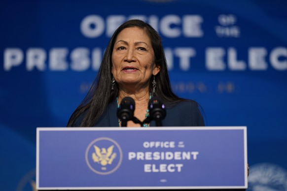 The Biden administration&#039;s nominee for Secretary of Interior, Rep. Deb Haaland, D-N.M., speaks at The Queen Theater in Wilmington Del., Saturday, Dec. 19, 2020. (AP Photo/Carolyn Kaster)