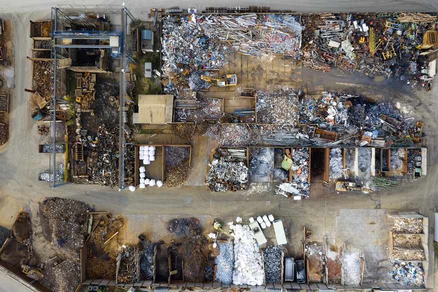 Directly above view of scrap metal yard.