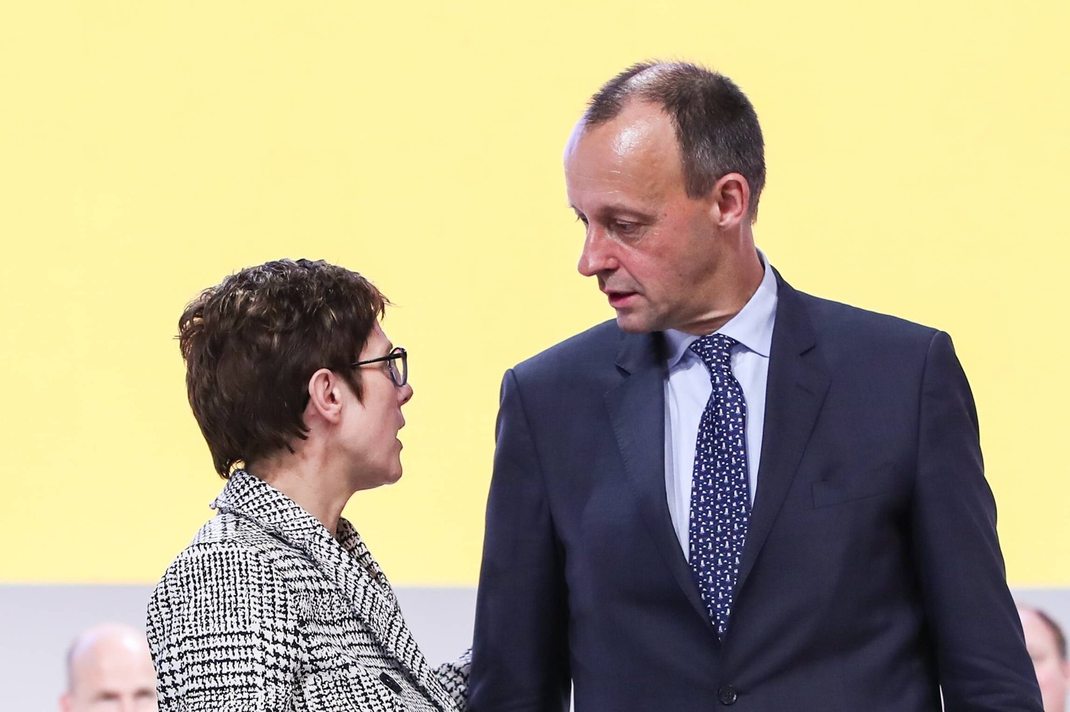 181208 -- HAMBURG, Dec. 8, 2018 -- Newly-elected chairperson of Germany s Christian Democratic Union CDU Annegret Kramp-Karrenbauer L talks with Friedrich Merz during the party conference of CDU in Ha ...