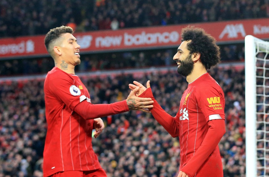 1st February 2020 Anfield, Liverpool, Merseyside, England English Premier League Football, Liverpool versus Southampton Mohammed Salah of Liverpool celebrates with team mate Roberto Firmino after scor ...