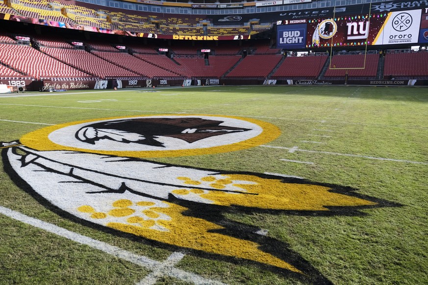 FILE - In this Dec. 22, 2019, file photo, the Washington Redskins logo is seen on FedEx Field prior to an NFL football game between the New York Giants and the Redskins in Landover, Md. Washington sta ...
