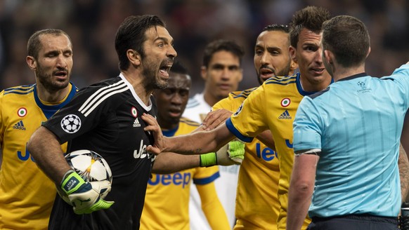 The anger of Gianluigi Buffon of Juventus against the Michael Oliver Referee for the assignment of the penalty during the Uefa Champions League Quarter-finals , 2st leg, match between Real Madrid 1-3  ...