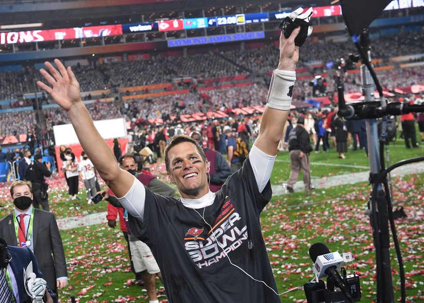Tampa Bay Buccaneers quarterback Tom Brady waves to fans after the Buccaneers defeated the Kansas City Chiefs 31-9 to win Super Bowl LV at Raymond James Stadium in Tampa, Florida on Sunday, February 7 ...