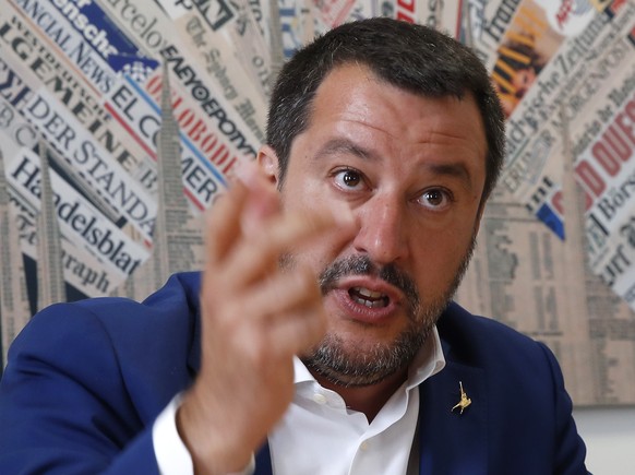Italian Interior Minister and Deputy-Premier, Matteo Salvini, attends a press conference at the foreign press association in Milan, Italy, Friday, May 17, 2019. (AP Photo/Antonio Calanni)